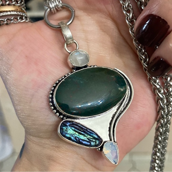 925 sterling silver overlay heliotrope moonstone opalite & pearl boho necklace - Picture 6 of 14